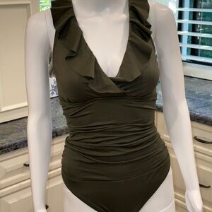 Ralph Lauren Olive Green One Piece Ruffled bathing suit US 12